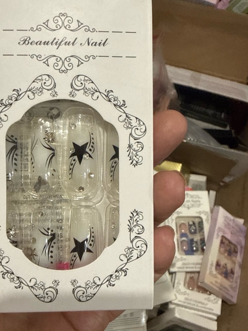 Clear False Nail Set with Black Star Design